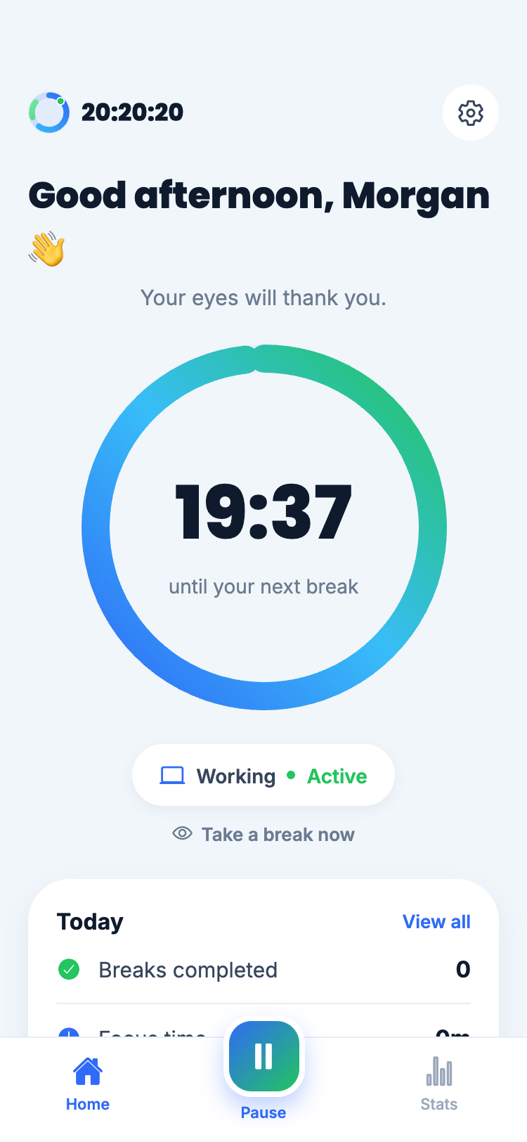 The Eyebreak home screen with a countdown ring showing 19 minutes to the next break