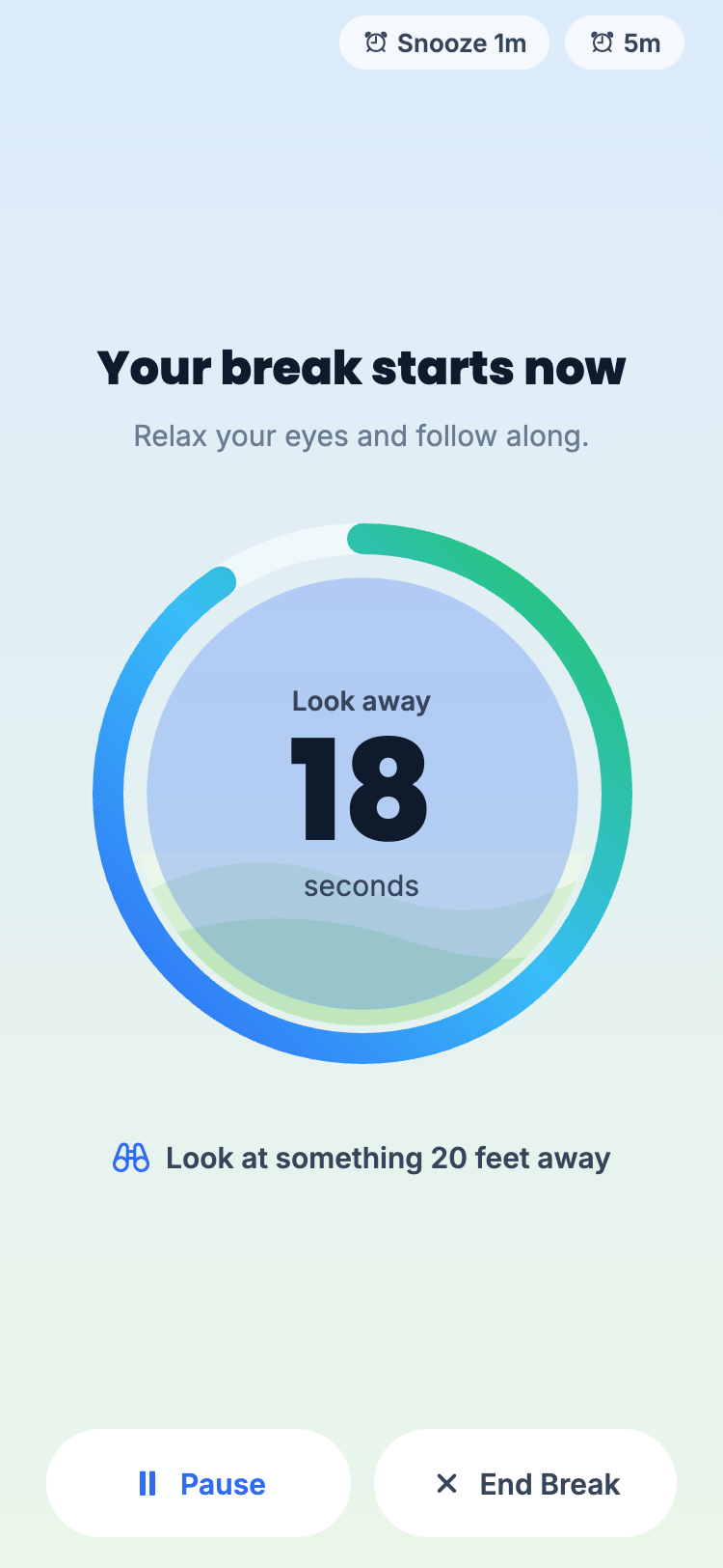 A guided break screen counting down 20 seconds with the cue to look into the distance