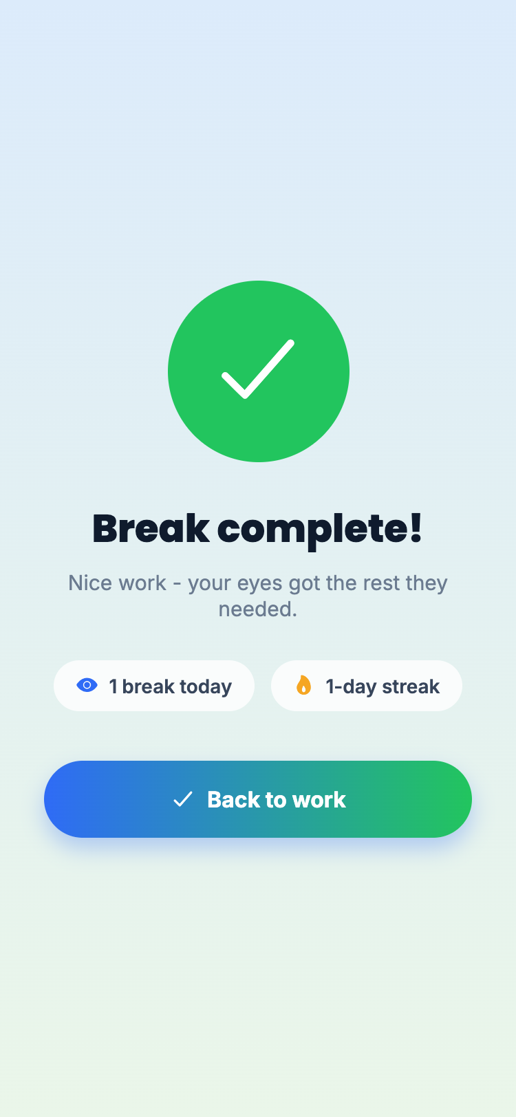 A break complete screen showing one break today and a one-day streak